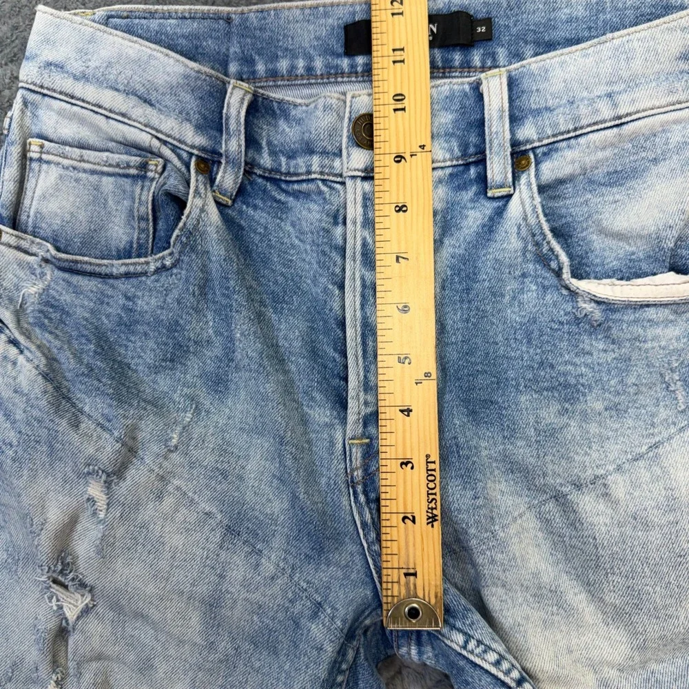 Hudson Jeans Mens 32x28 Distressed Light Wash Blue Denim Button Fly Raw Hem Moto